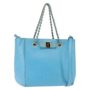 Salvatore Ferragamo Vala Chain Bag Leather 2way Light Blue Gold